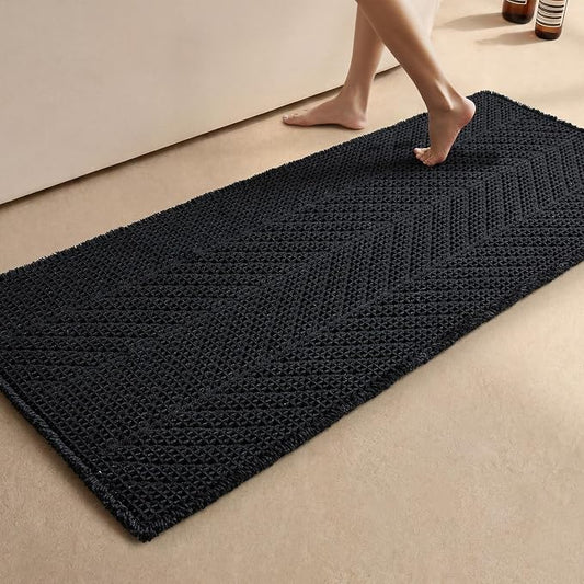 Sunfly Long Black Bathroom Rug, Waffle Bath Mat Non-Slip Washable Super Absorbent Quick Dry, Boho Farmhouse Bathroom Runner Decor 24"x60" Black