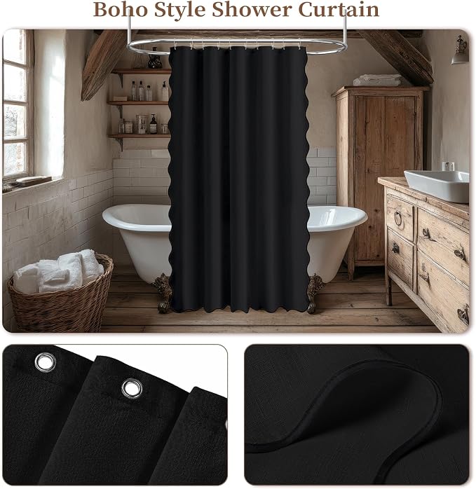 54x78 Boho Scalloped Linen Textured Cloth Shower Curtain Set, Black | Narrow Long Size, 230GSM Waterproof Polyester, Heavy Duty Fabric, 10 Plastic Hooks, Elegant Farmhouse Style, Machine Washable