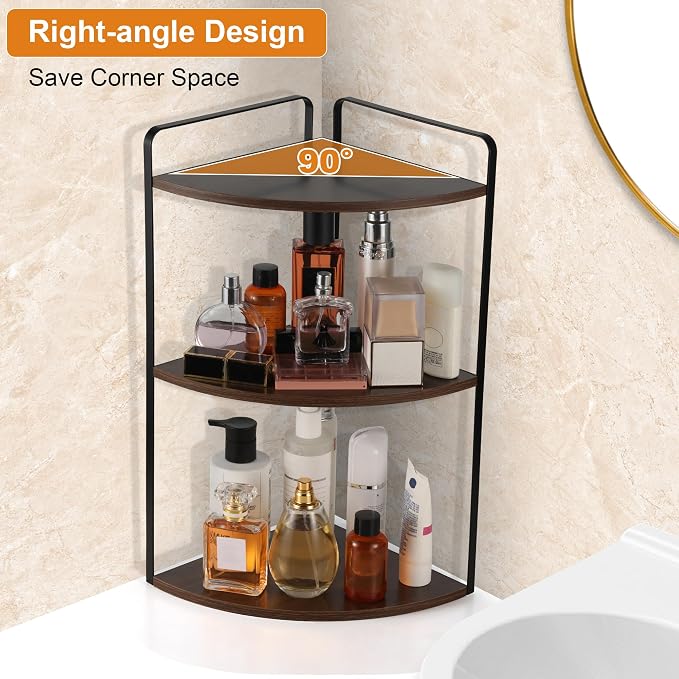 3 Tier Corner Bathroom Counter Organizer, Gray Brown | Countertop Sink Organizer Rack, Wooden and Metal Counter Shelf, Space Saving Corner Bathroom & Vanity