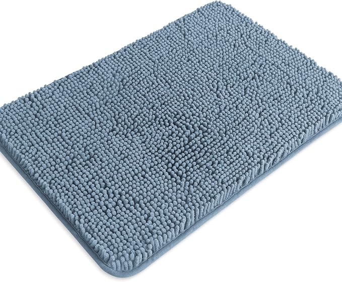 Blue Bathroom Rugs – Absorbent and Washable Bath Mat, Non-Slip, Thick Soft Chenille Bath Rugs for Bathroom Floor, Shower, Sink - 17" x 24"