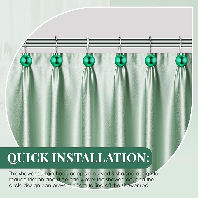 12 Pcs Cute Shower Curtain Hooks Shower Curtain Rings Artificial Pearl Decorative Vintage Rustproof Hooks for Bathroom Country Farmhouse Decor (Green)