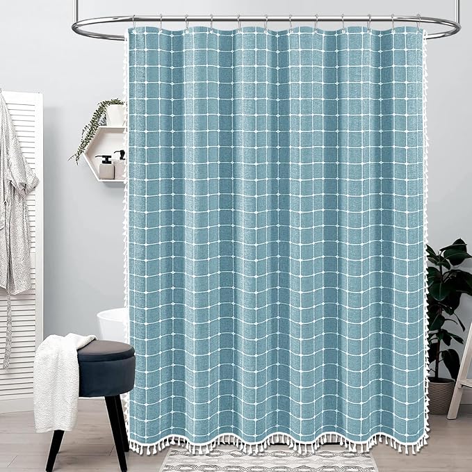 Teal Boho Farmhouse Linen Heavy Duty Shower Curtain, 72x72, Turquoise | 330GSM Linen Blend, Classic Plaid, 3-side Tassels, Water Repellent Fabric, 12 Plastic Hook, Rustic Bohemian, Machine Washable