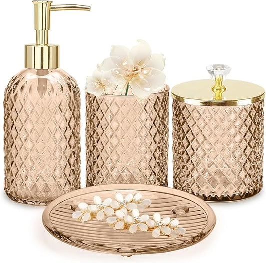 Haturi Glass Bathroom Accessories Set, Amber Brown Bathroom Set, 4 Pcs | Kit w/ Bathroom Soap Dispenser Set, Toothbrush Holder, Qtip Holder, Soap Dish, Brown Bathroom Decor, Gift for Home Apartment