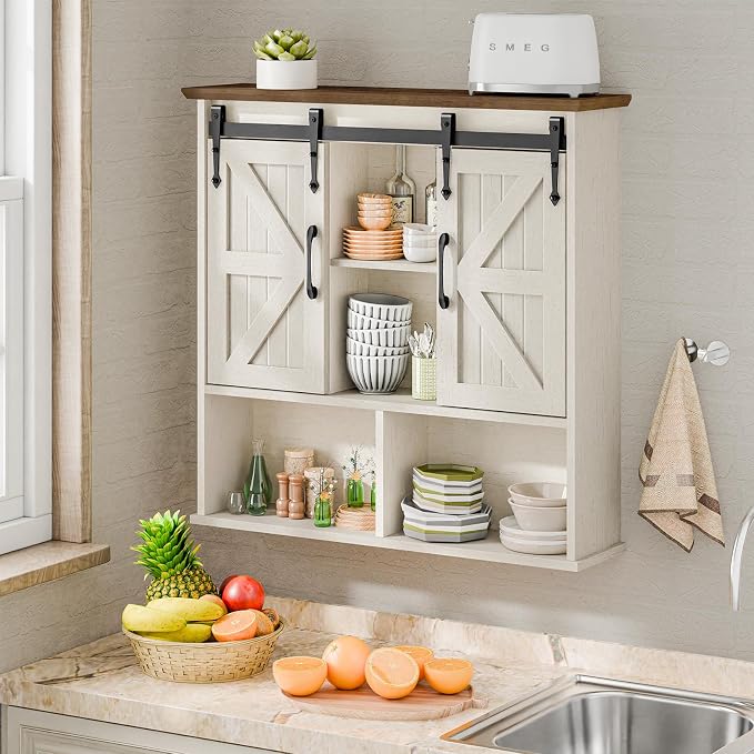 Vabches Bathroom Wall Cabinet, Farmhouse Medicine Cabinet, Rustic White | Wooden Vintage Storage Cabinet Wall Mounted with Double Sliding Barn Door and Adjustable Shelf for Bathroom, Kitchen
