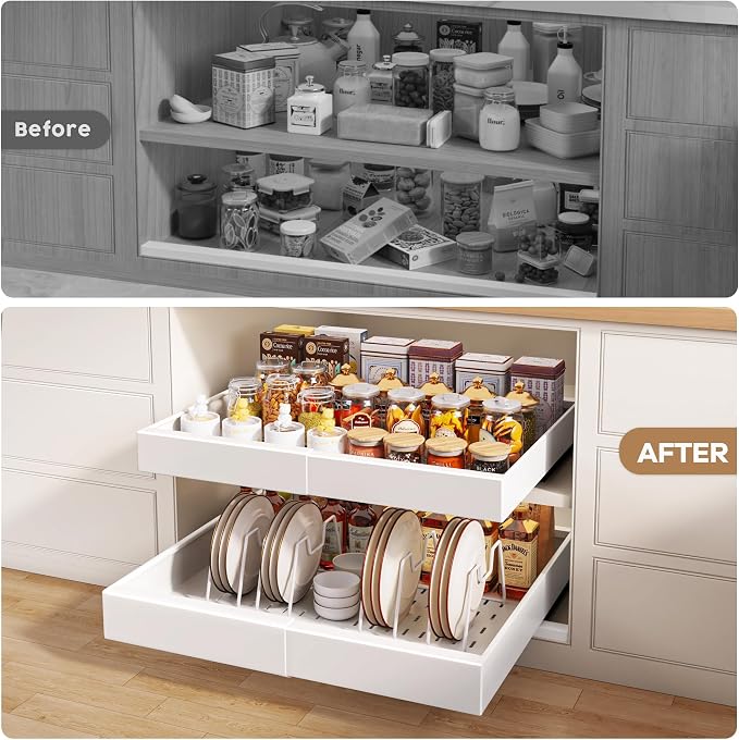 Seinloes 4 Pack Pull out Cabinet Organizer 21"Deep with Raising Pad for Framed Cabinets, Expandable Slide out Drawers for Kitchen Cabinets with 4pcs Divider Racks, Roll out Shelves 12.1"-20.4" W White