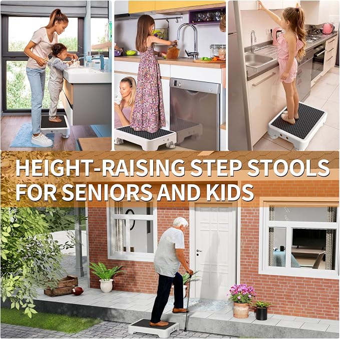 Ronlap Small Step Stools for Adults Car Step Stool for Elderly, White-Black | Adjustable short one-step plastic platform for seniors & mobility assistance, use by bed, shower, car, RV, stairs & outdoor