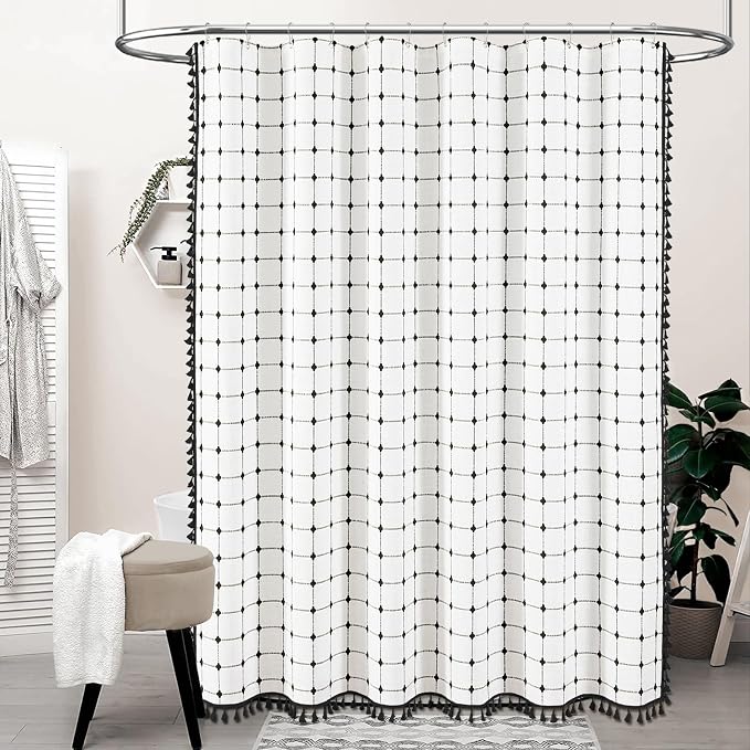 White Black Farmhouse Linen Heavy Duty Cloth Shower Curtain, 72x72 | 330GSM Linen Blend, Classic Plaid, 3-side Tassels, Water Repellent Fabric, 12 Plastic Hook, Rustic Bohemian, Machine Washable
