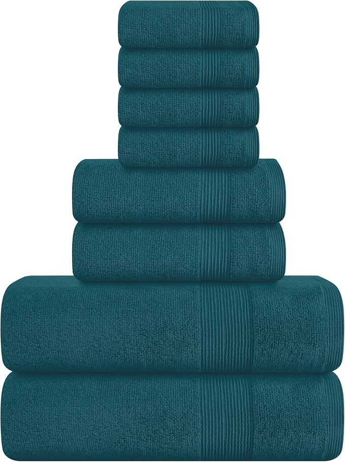 8 Piece Towel Set 100% Ring Spun Cotton, 2 Bath Towels 27x54, 2 Hand Towels 16x28 and 4 Washcloths 13x13 - Ultra Soft Highly Absorbent Machine Washable Hotel Spa Quality - Teal