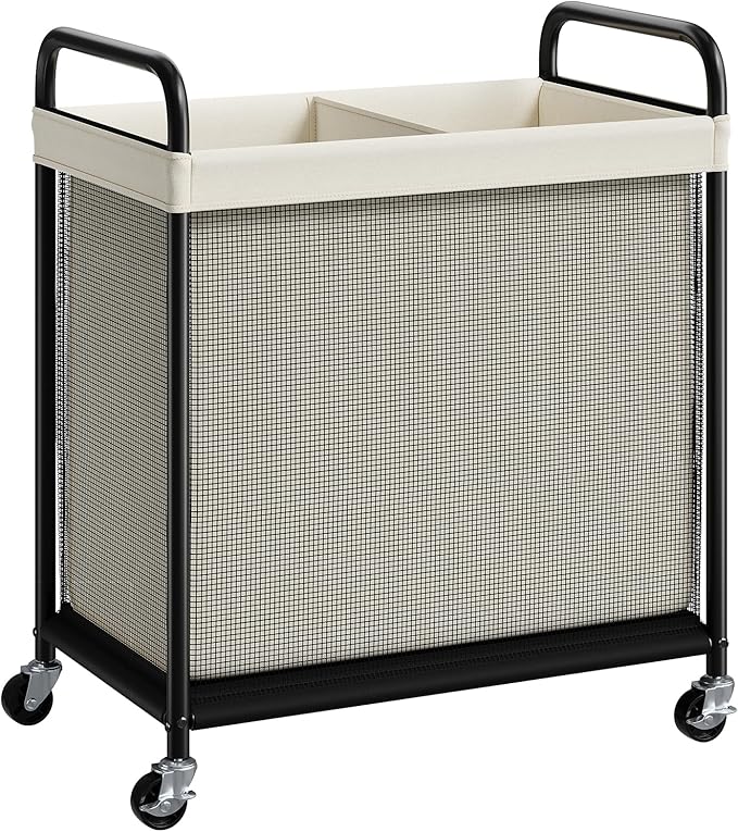 ELYKEN Laundry Hamper 2 Section, 100L Rolling Laundry Sorter with Wheels | Removable Washable Liner Bags, Sturdy Steel Frame and Metal Handle, Double Compartment Clothes Organizer for Laundry Sorting