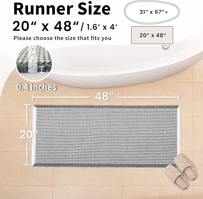 Waffle Bath Mat, Boho Bathroom Rugs Non Slip Washable, 20" x 48" | Super Absorbent Quick Dry Bath Mat, Boho Bathroom Mats, Soft Waffle Weave Farmhouse Bathroom Decor, Dark Grey and White