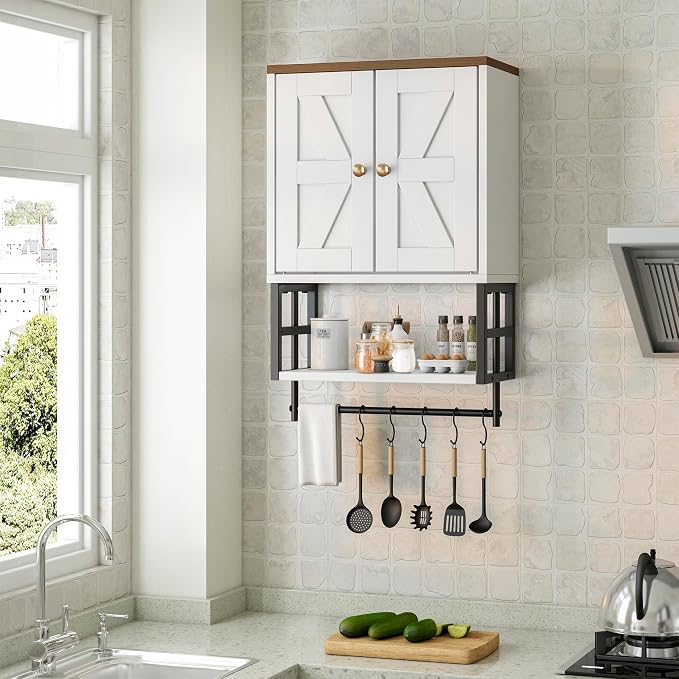 Bathroom Wall Cabinet, Farmhouse Medicine Storage with Towel Bar, White | 2 Doors, Adjustable Shelves & 5 Hooks. Space-Saving Wall Storage for Over Toilet, Laundry, Kitchen, Living Room
