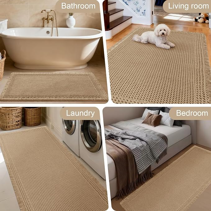 Upgraded Waffle Bath Mat Set 2 Piece Beige-Bordered, Super Absorbent Non-Slip Quick Dry Bathroom Rugs with Tassels, Machine Washable Ultra Soft Boho Bath Rugs for Floor, Bath Mats Boho Farmhouse Decor