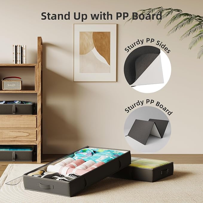 2-Pack Under Bed Storage Containers, 6 Inches Tall Clothes Storage, Black | High Side Collapsible Underbed Organizer Bin with Sturdy Sidewalls/Bottom, Cotton Linen Bins, For Seasonal Clothes & Bedding