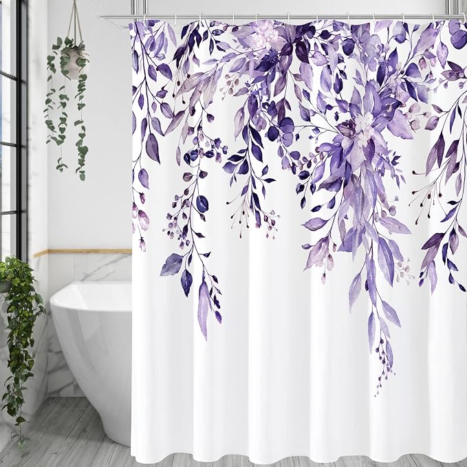 Purple Eucalyptus Shower Curtain, Watercolor Floral Print, 72x84 | Watercolor Plant Leaves Floral Print, Waterproof Fabric Bathroom Decor, Machine Washable, Rustproof Grommets