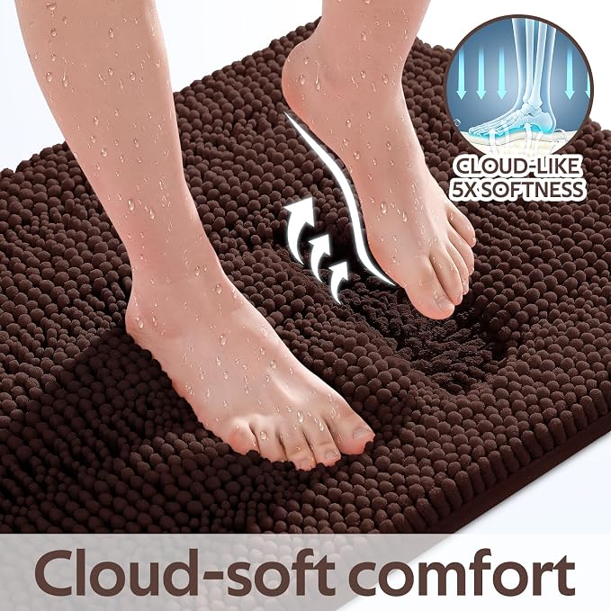 Striped Brown Bathroom Rug Set 3 Pieces Ultra Soft, Non Slip Chenille Toilet Mat, Absorbent Plush Shaggy Bath Mats for Bathroom, Bedroom, Kitchen