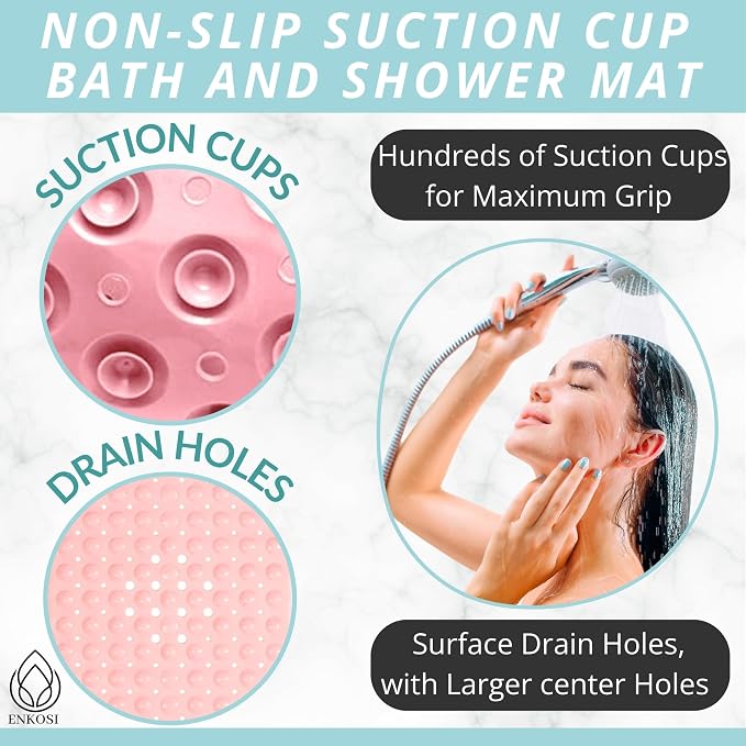 ENKOSI Non-Slip Bath & Shower Mat 40x16 Extra Long, Suction & Drain Holes | Baby Pink color; Durable PVC; 40x16 in, Baby Pink
