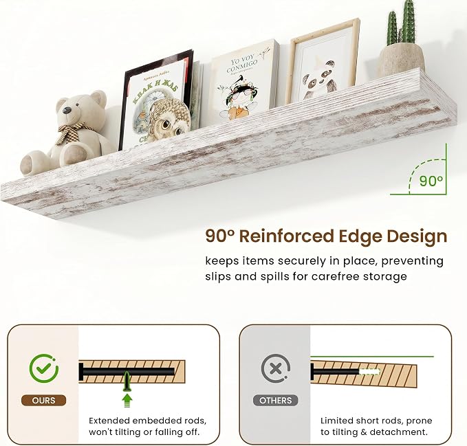 55in Floating Shelves, 55"W x 9.25"D x 1.5"H, Vintage White, 2Pcs | Long Wall Mounted Engineered Wood Shelves for Wall with Invisible Brackets for Living Room, Bedroom, Bathroom, Kitchen