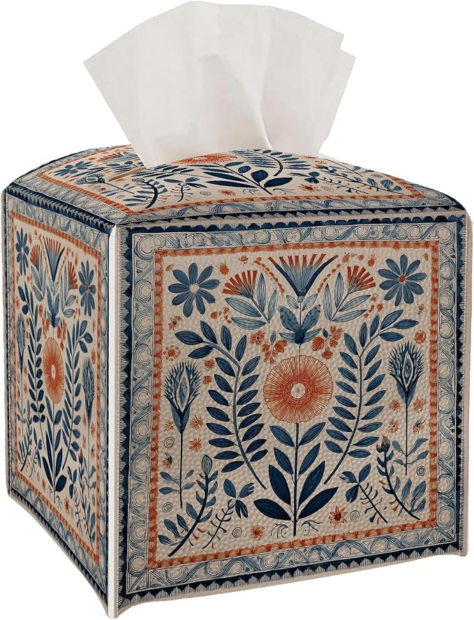 Tissue Box Cover Holder Square - Vintage Boho PU Leather Decorative Organizer, Ethnic Carpet Pattern Design Inspired, with Bottom Belt for Bathroom Car Office Tabletop Home, 5x5 Inch (Blue&Orange)