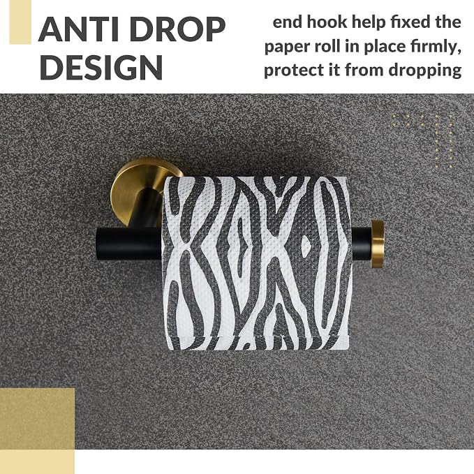 Toilet Paper Holder, Black & Gold, 304 Stainless Steel | Open-Side Roll Access, Raised End Stop, Space-Saving Design, Modern Bathroom Refresh, Small Bath & Guest Bath Use