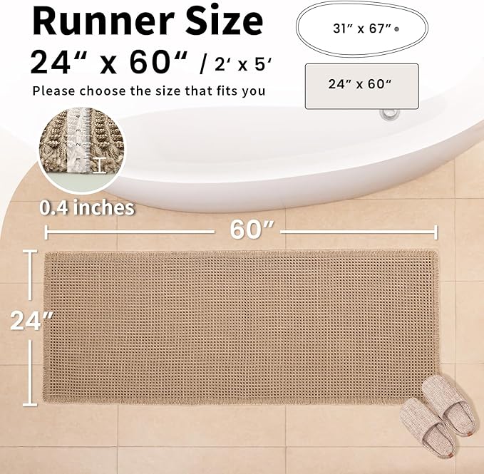 Long Bath Mat, Waffle Bathroom Runner Rug Non Slip Washable, 24 x 60 | Super Absorbent, Quick Dry Bath Runner, Soft Waffle Weave, Boho Farmhouse Bathroom Decor in Khaki for Sink or Tub