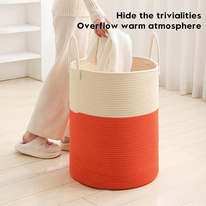 Woven Laundry Hamper Tall Rope Storage Basket for Blanket oys Dirty Clothes in Living Room Bathroom Bedroom (White&Orange, 60L/15.8Gal)