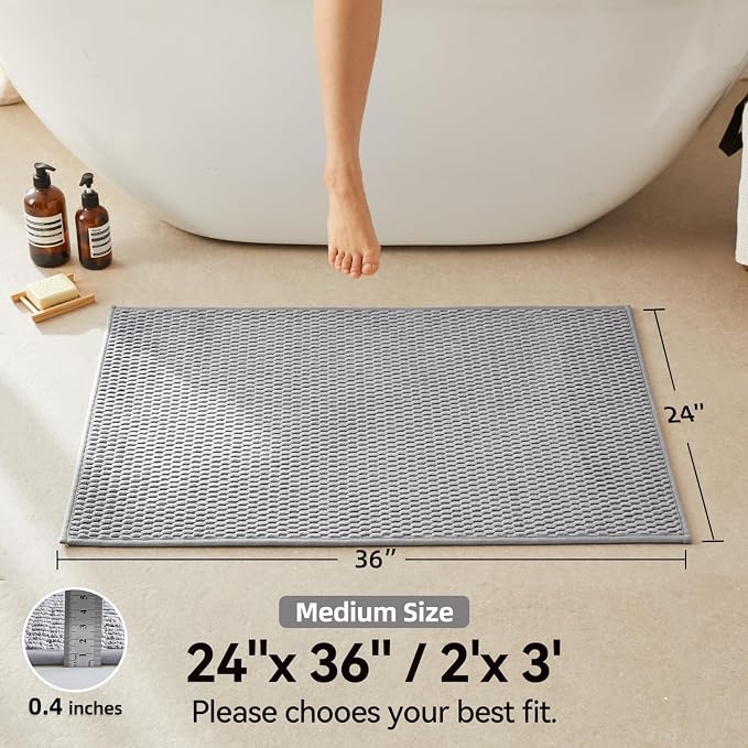 Triohero Bathroom Rugs Non Slip Washable, Super Absorbent Thin Bath Mat Quick Dry Low Pile Bathroom Rug, Light Grey 24x36