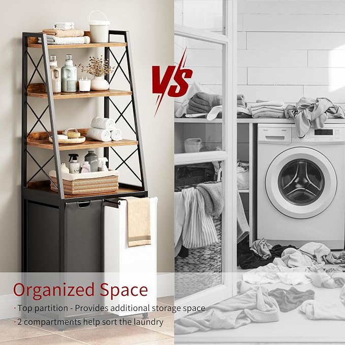 Herture Laundry Basket, 2 Section Laundry Hamper with 4 Tiers Shelf, Pull-Out and Removable Laundry Bags, Large 2 x 15.87 Gallons, for Bedroom Bathroom Rustic Brown PF11XLN