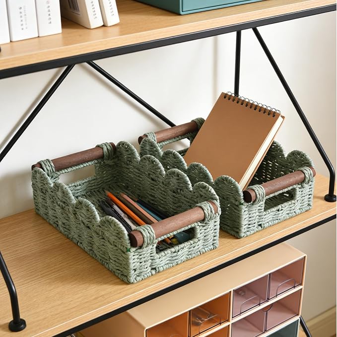 Scalloped Toilet Paper Storage Basket, Small Basket with Handles | Decorative Wicker Organizer Basket Perfect for Living Room Shelf Decor, Set of 2 Green