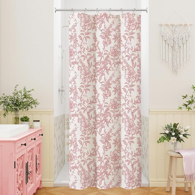 Pink Boho Linen Shower Curtain, Farmhouse Floral for Bathroom | Botanical floral print. Rustic farmhouse boho decor. Durable linen blend fabric. Machine washable for easy care. 36x72