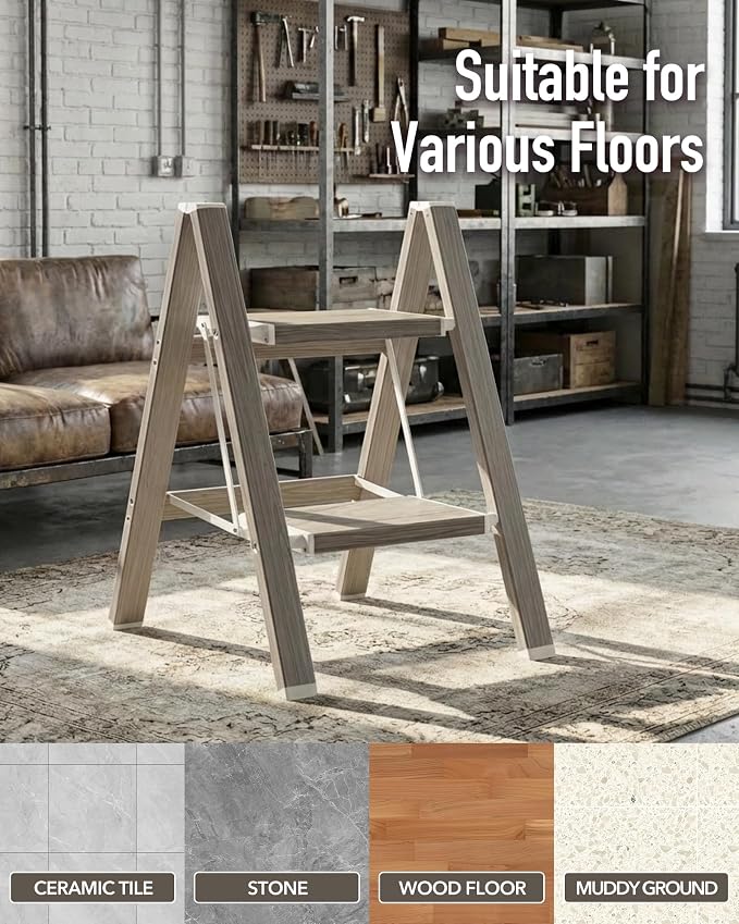 Mayi Plus 2 Step Stool Foldable, Aluminum, Lightweight Step Ladder | Extra-wide anti-slip folding steps with 330 lbs, for home,kitchen,office,outdoor,Fir woodgrain