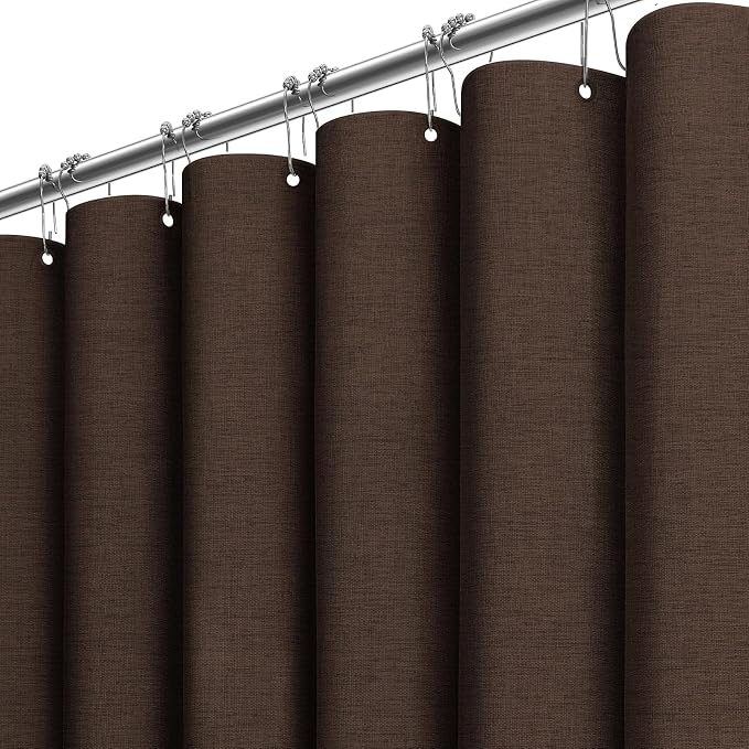 84x72 Wide Linen Textured Waterproof Thick Cloth Shower Curtain, Brown | Wide Size, 230GSM Polyester, Heavy Duty Fabric, Weighted Hem, 14 Plastic Hooks, Modern Luxury Hotel Style, Machine Washable
