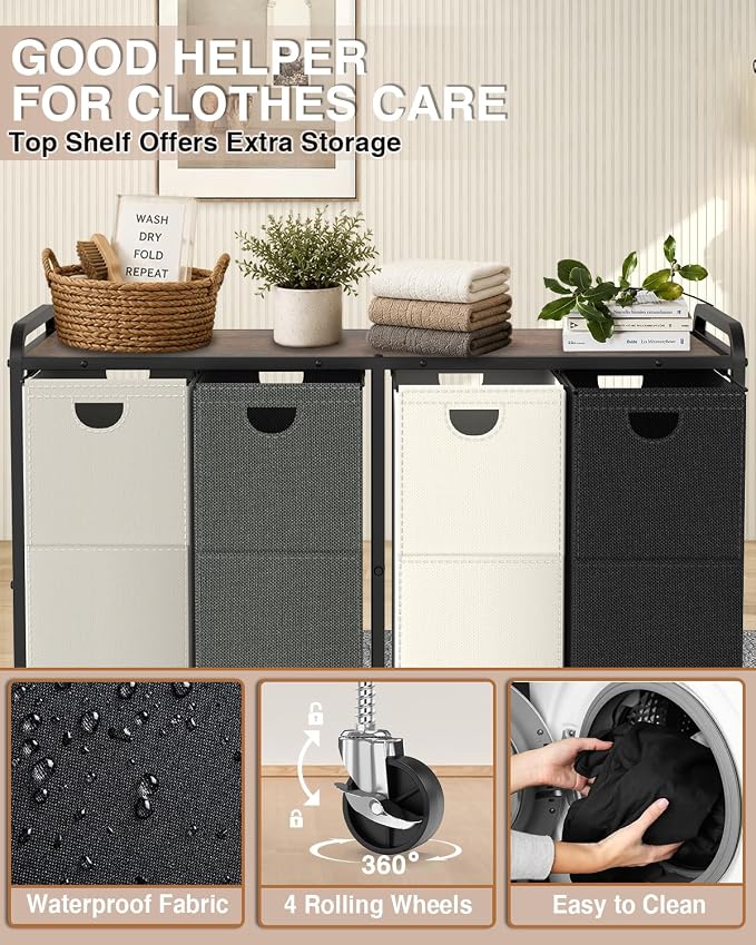 Laundry Sorter 4 Section,Laundry Basket with Wheels,4×15.8 Gal (60L) Laundry Hamper Organizer with Large Wooden Desktop Sorter,Pull-Out and Removable 900D Oxford Fabric Laundry Bags for Laundry Room