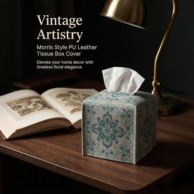 Tissue Box Cover Holder Square - Vintage Boho PU Leather Decorative Organizer, Ethnic Carpet Pattern Design Inspired, with Bottom Belt for Bathroom Car Office Tabletop Home, 5x5 Inch (Green&White)