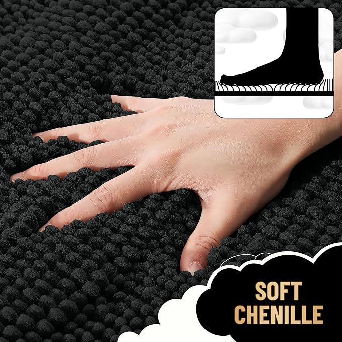 OLANLY Thick Bathroom Runner Rugs 70x24, Chenille Long Bath Rugs, Black | Soft Absorbent Striped, Rubber Backing, Machine Wash, Bath Mats for Bathroom Floor, Tub and Shower, Home Decor Accessories