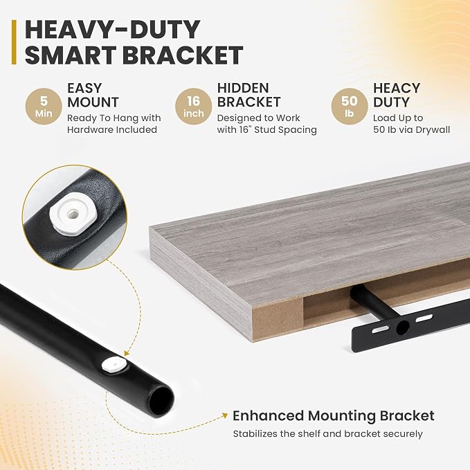 Acovy 24 Inch Floating Shelves, 9.3" Deep Floating Shelf Wall Mounted, 24" Wall Shelves, Rustic Deep Bookshelf, Large Display Shelves & Storage Shelves for Bedroom, Living Room, Gray, Set of 2