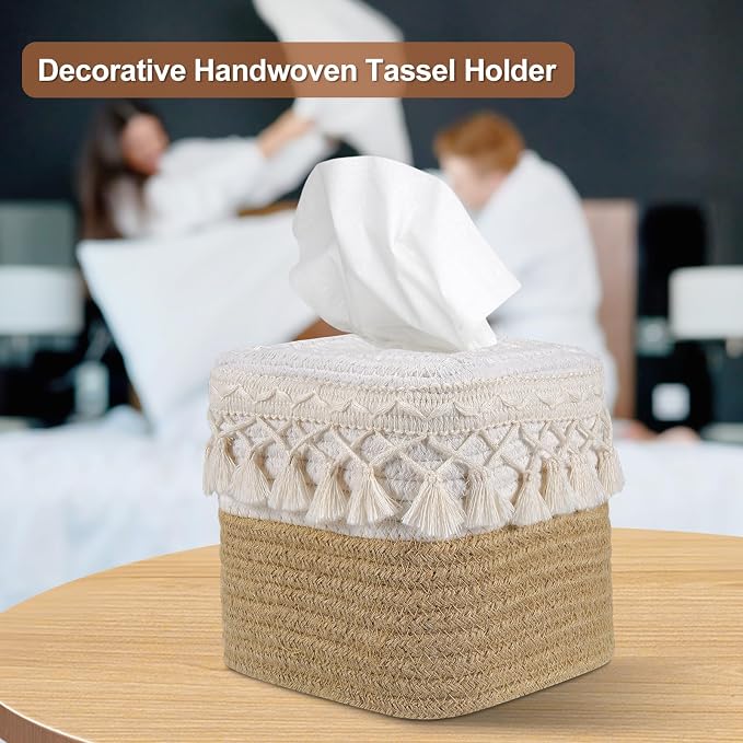 Boho Tissue Box Cover: Natural Handwoven Square Cover for Bathroom | Open-Bottom Design with Tassel, For Kitchen, Tabletops, Home & Office, Farmhouse Decor