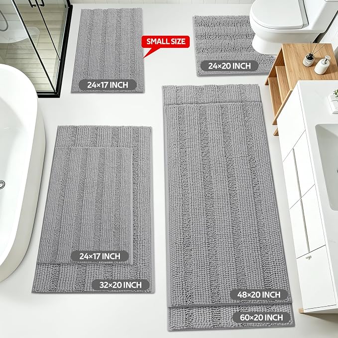 Striped Light Grey Bathroom Rug Mat Set 2 piece 24"x17"+48"x20" Ultra Soft, Non Slip Chenille Bath Rugs, Absorbent Plush Shaggy Bath Mats for Bathroom, Bedroom, Kitchen, Shower, Tub,Light Gray