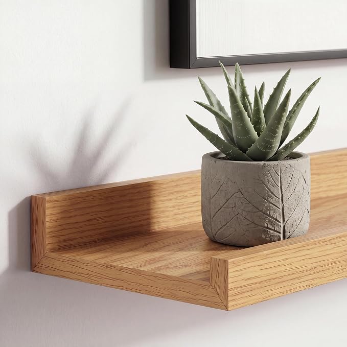 Oak Picture Ledge Shelves for Wall, 4.5" Deep Wood Floating Shelves with Lip for Bedroom, Living Room, 30" Width, Color Oak Set of 2