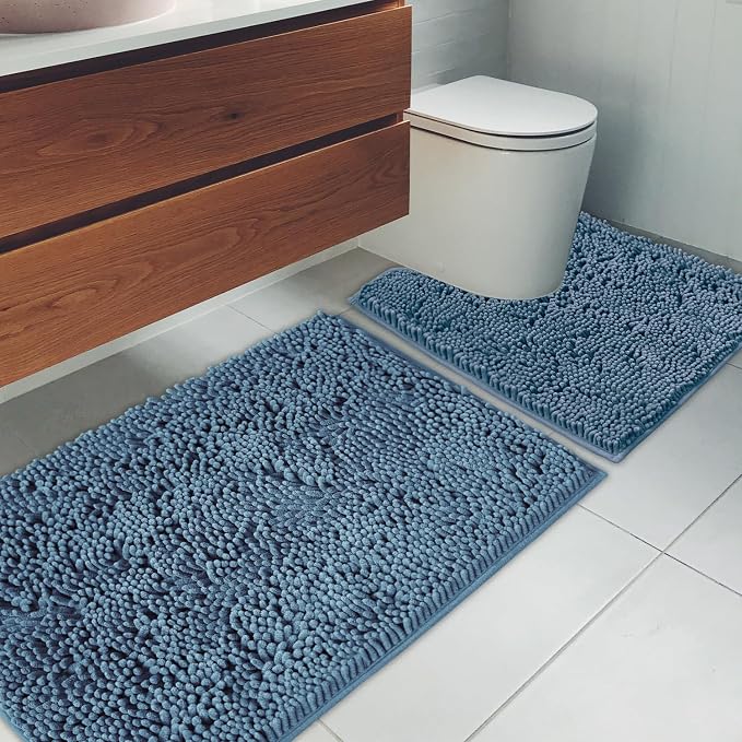 Bathroom Rugs Chenille Bath mat 2 Piece Set, Super Absorbent, Strong PVC Non Slip Backing, Bath mats for Bathroom, Plush Shaggy, Thick, Machine Washable, Bathtub, Toilet .(Medium Blue)