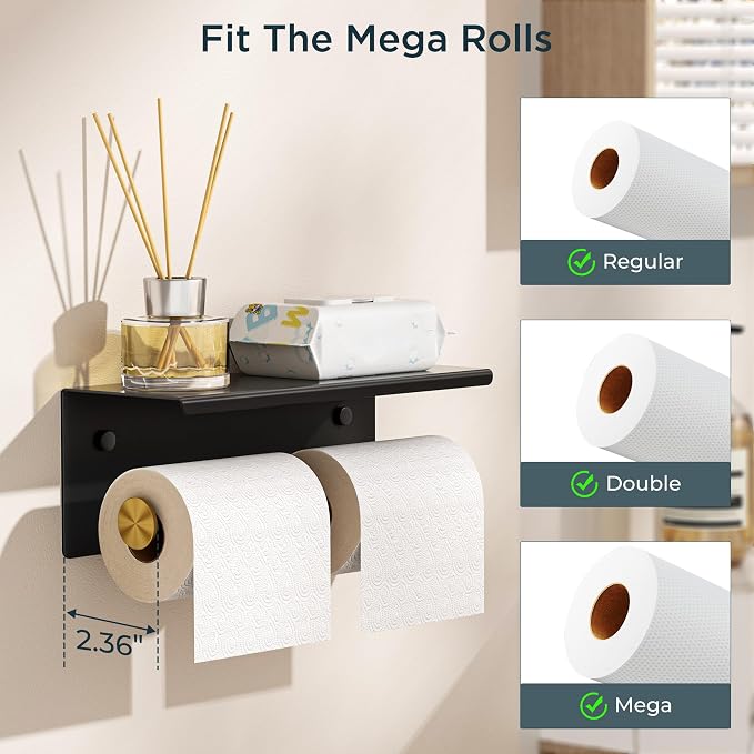 FORIOUS Toilet Paper Holder with Shelf, Commercial Toilet Paper Dispensers | Black and Gold | Wall Mount Bathroom Tissue Holder | SUS304 Stainless Steel Rustproof | Double Tissue Roll Holder