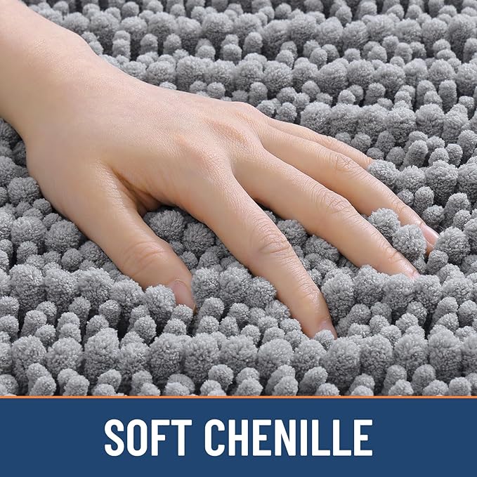Smiry Bathroom Rugs 30X18, Extra Soft Rubber Backing Chenille Bath Mats | Grey Machine Washable Non Slip Quick Dry Bath Mats for Bathroom Floor, Tub, Shower, Home Decor Accessories