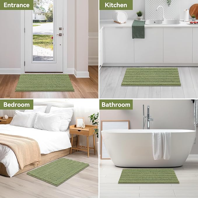 Bcoimo Bath Rug Mat,Sage Chenille High Absorbent Bathroom Mat for Floor Tub | Non Slip with Rubber Backing Bathroom Rugs;High Absorbent And Quick Dry 36x24 Microfiber mat; Machine Washable;Extra Soft mat