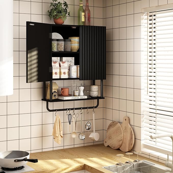 RUSTOWN Fluted Bathroom Wall Cabinet with 2 Doors, 3-Tier Medicine Cabinet | Modern Farmhouse Wall Mounted Cabinets, Over The Toilet Storage Cabinet, Adjustable Shelf and Towel Bar, Medium