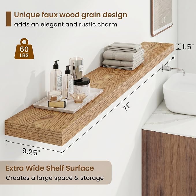 9.25in Depth 72in Floating Shelves, 72x9.25x1.4,Light Brown, Set of 1 | Long Wall Mounted Engineered Wood Shelves with Invisible Brackets for Living Room, Bedroom, Bathroom, Kitchen,