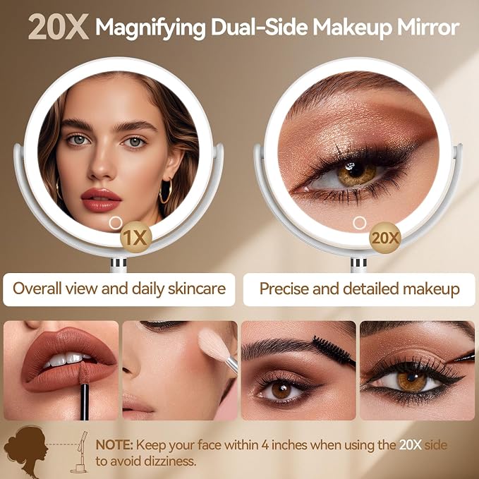 20X Magnifying Mirror with Lights and Storage, Double Sided Vanity Mirror | Rechargeable Makeup Mirror, 3 Color Lighting, Fast Charge and Long-lasting Work, Height Adjustable, Memory Function, White