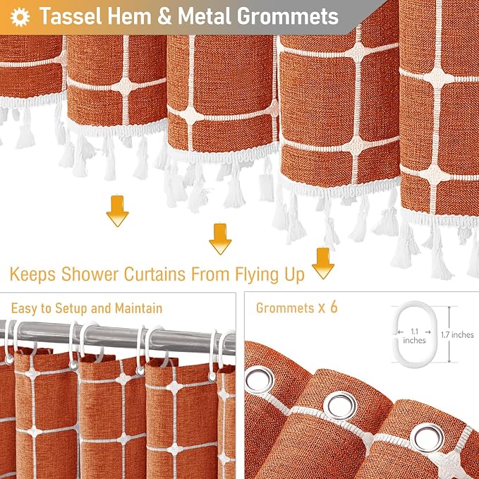 Stall Boho Farmhouse Linen Shower Curtain Set, 36x72, Burnt Orange | Half Size, 330GSM Linen Blend, 3-side Tassels, Water Repellent Fabric, 6 Plastic Hooks, Rustic Bohemian, Machine Washable