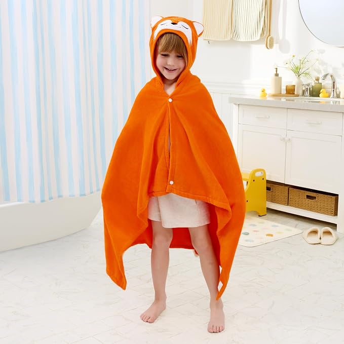 Joiedomi Hooded Towel for Kids Soft 100% Cotton Bath Beach Towel 30" x 50" for Kids 3-8 Years Toddler Pool Poncho with Hood Absorbent Swim Wrap for Boys Girls Orange Fox
