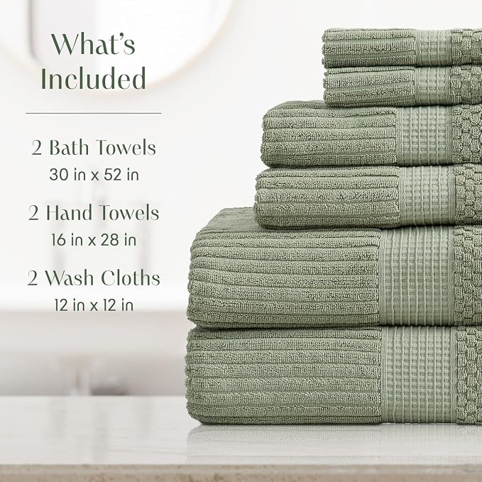 100% Cotton Bath Towel Set | 6-Piece Set | Textured | Green | Absorbent & Quick-Dry Bathroom Towels | Textured and Durable Cotton Towels for Bathroom | OEKO-TEX | Krista Collection
