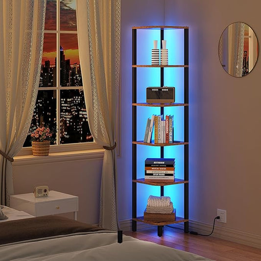TUTOTAK Corner Shelf with LED Light, 6-Tier Corner Bookshelf | for Small Space, Narrow Display Corner Shelf Stand with Storage Rack, for Living Room, Bedroom, Rustic Brown BS08BB006L