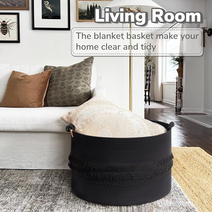 90L Large Woven Rope Blanket Basket with Tassel, 22" x 14", Black | Boho Basket for Toys, Clothes & Pillows Storage, Fits Bedroom Living Room Home Décor, Laundry Hamper with Knotted Handles
